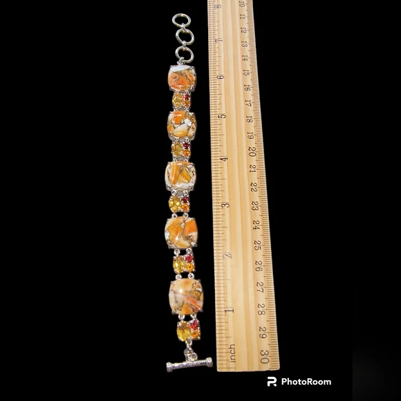 Spiny Oyster & Multi Gemstone Sterling Silver Toggle Bracelet: Adjustable - Picture 6 of 13